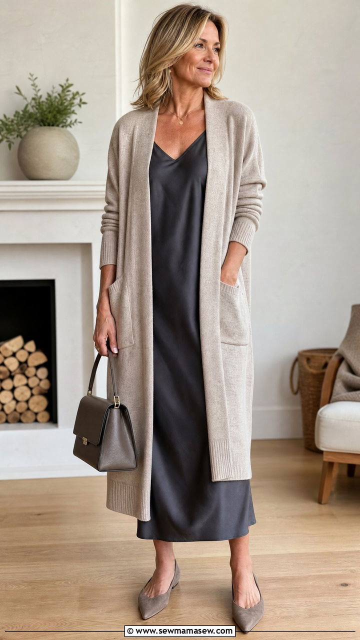 Slip Dress with a Knit Cardigan - 35 Minimalist outfit ideas for women over 40