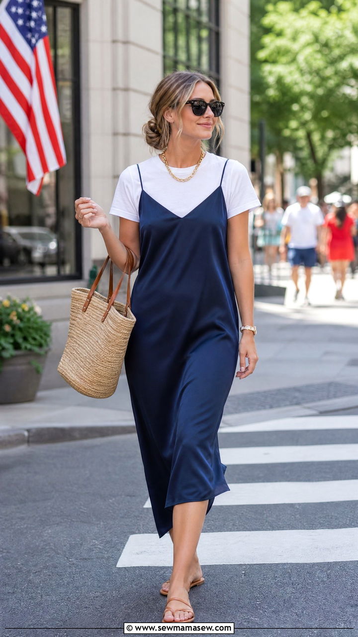 Slip Dress with a White Tee Underneath and Flat Sandals - 35 Memorial Day weekend outfit ideas
