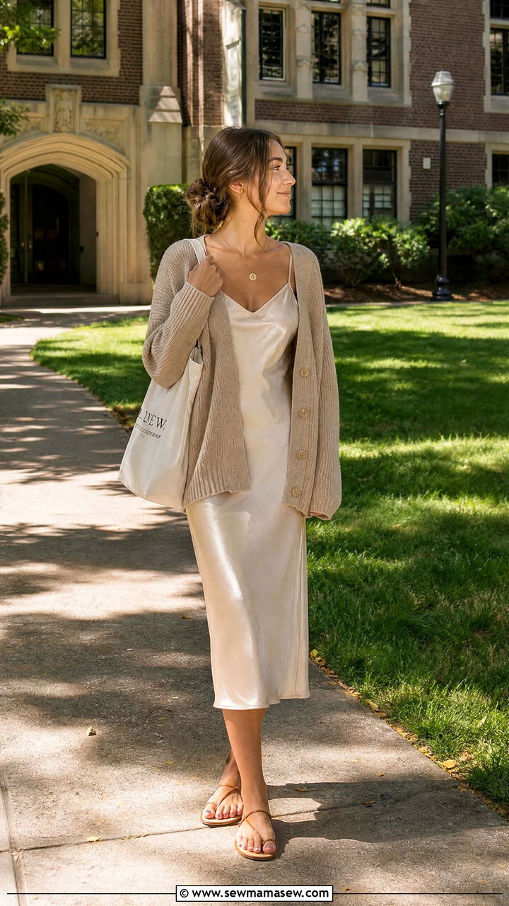 Slip Dress with an Oversized Cardigan and Flat Sandals - 30 First day of college outfit ideas 2026