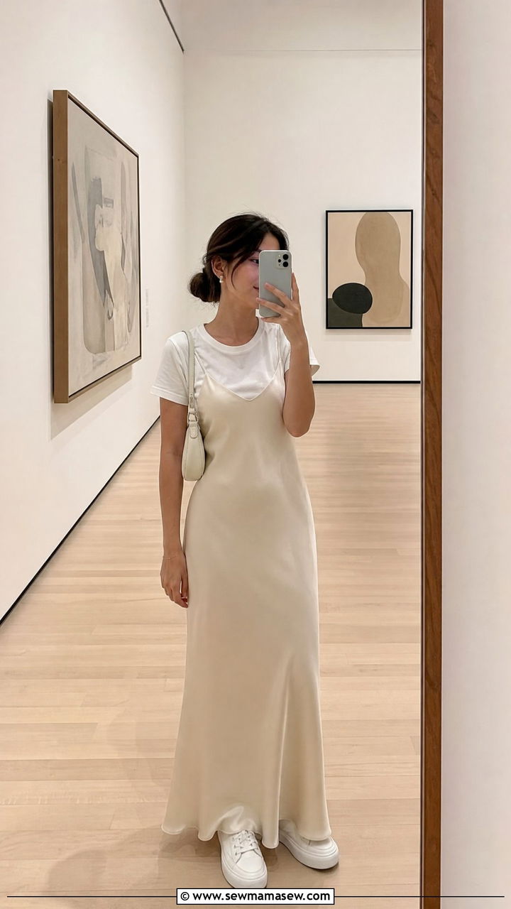 Slip Maxi Dress Layered Over White Tee With Sneakers - 25 Maxi dress for petite outfit ideas