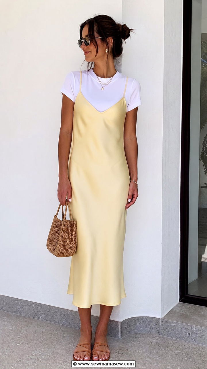 Slip Midi Dress Layered Over a White Tee Outfit - 30 summer pinterest outfit ideas