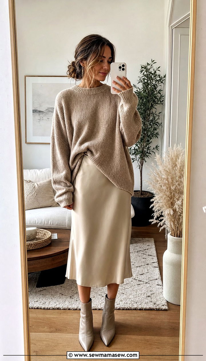 Slip Midi Dress Under Oversized Sweater with Ankle Boots - 35 casual midi dress outfits