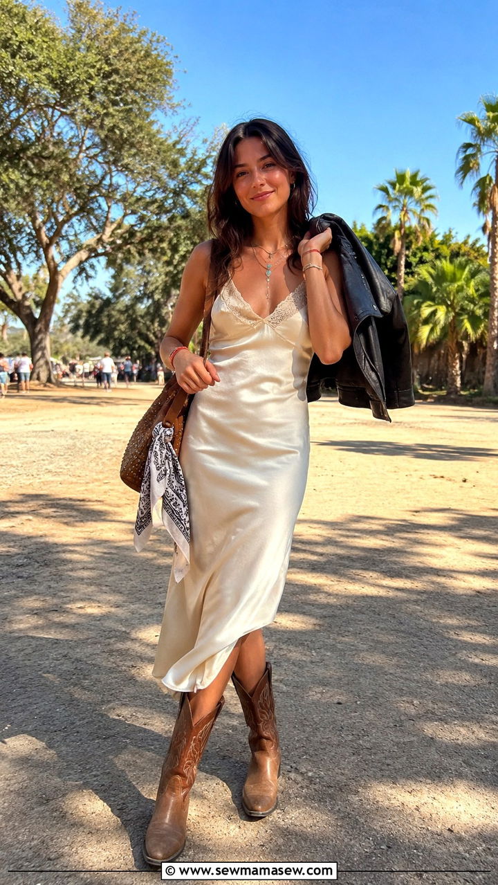 Slip Midi Dress With Cowboy Boots - 30 Midi dress outfit ideas with boots