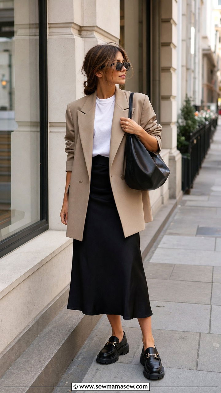 Slip Midi Skirt with Blazer and Tee - 35 casual midi skirt outfits