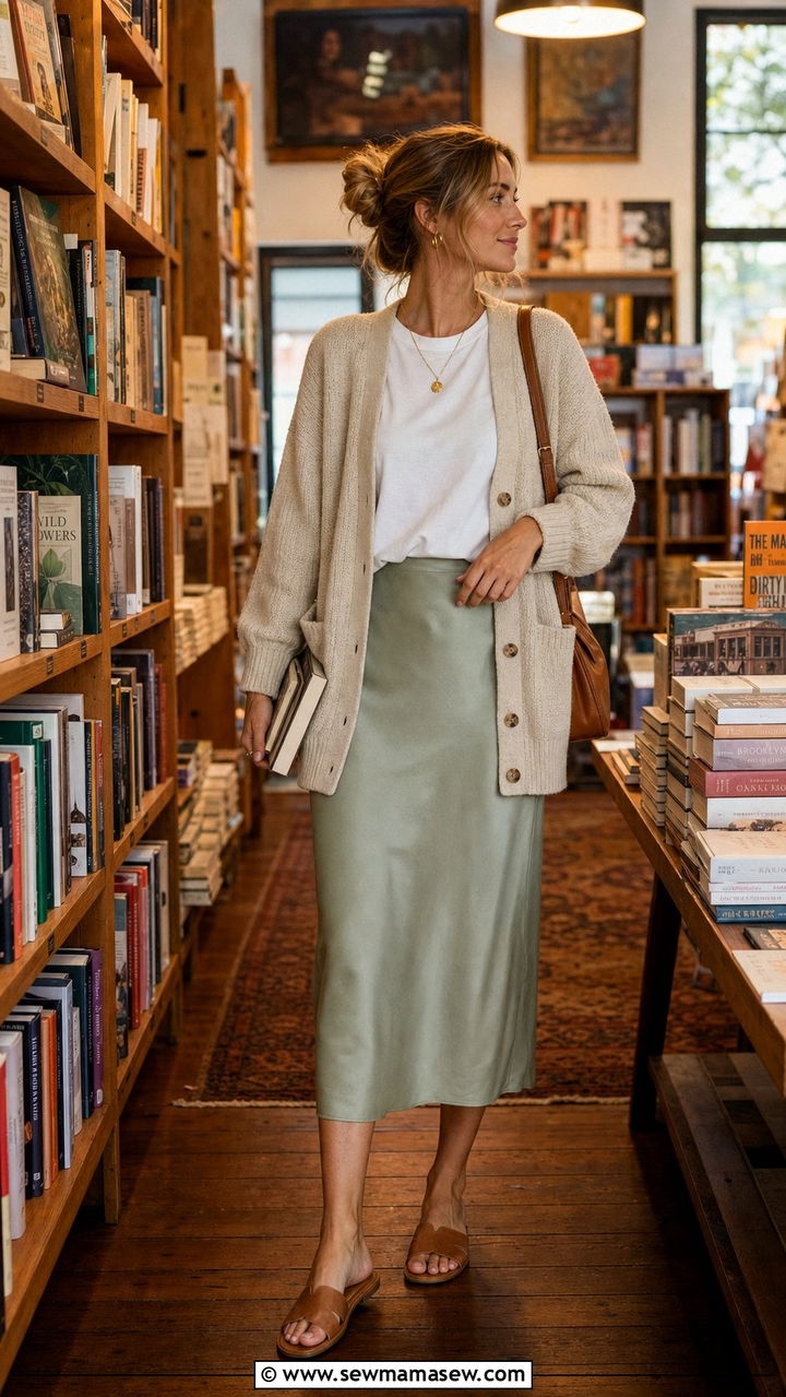 Slip Midi Skirt with Cardigan and Tee - 35 casual midi skirt outfits