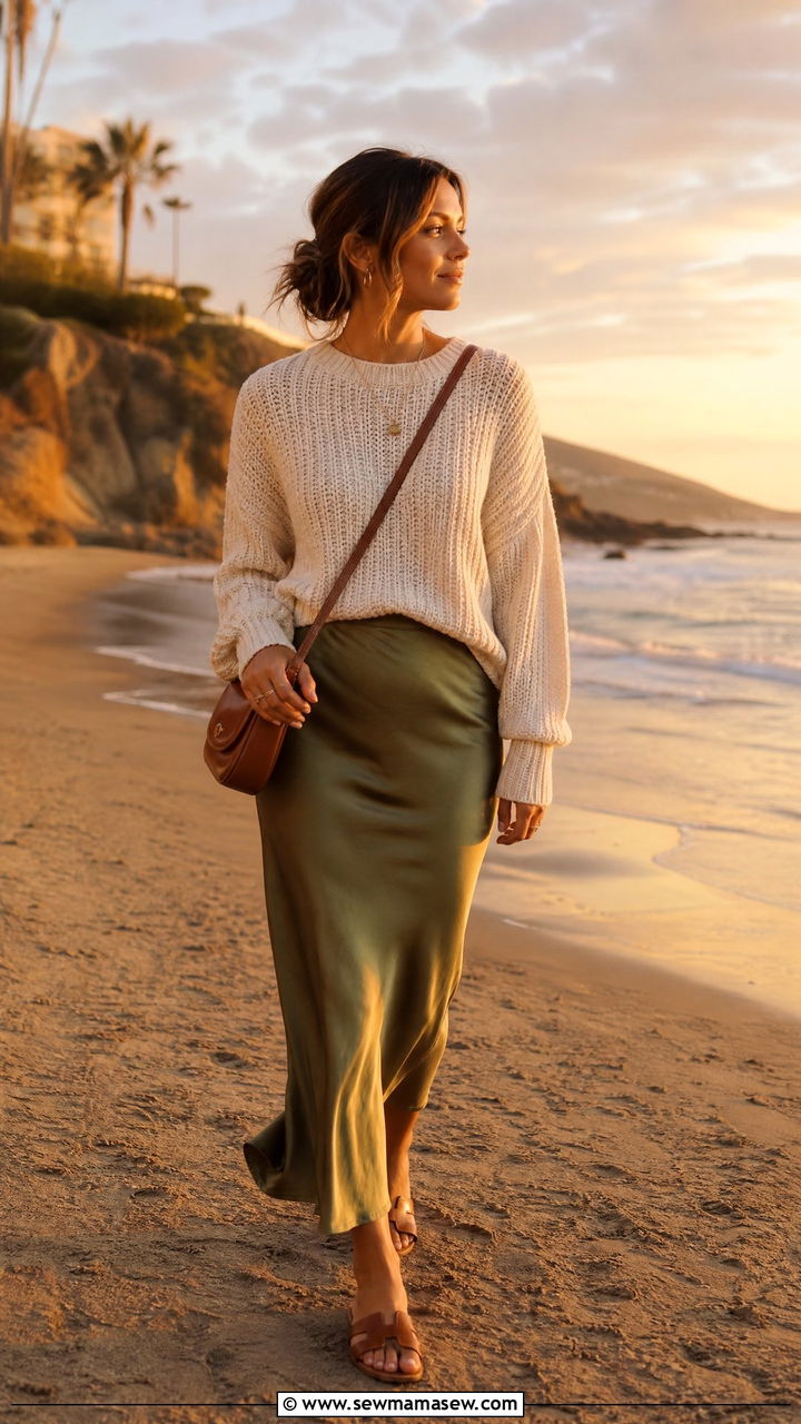 Slip Skirt With A Chunky Knit Sweater - 35 June outfit ideas