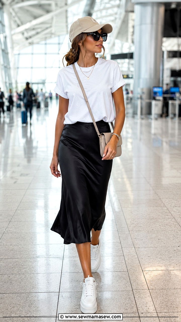 Slip Skirt With Baseball Cap and Platform Sneakers - 30 casual slip skirt outfits