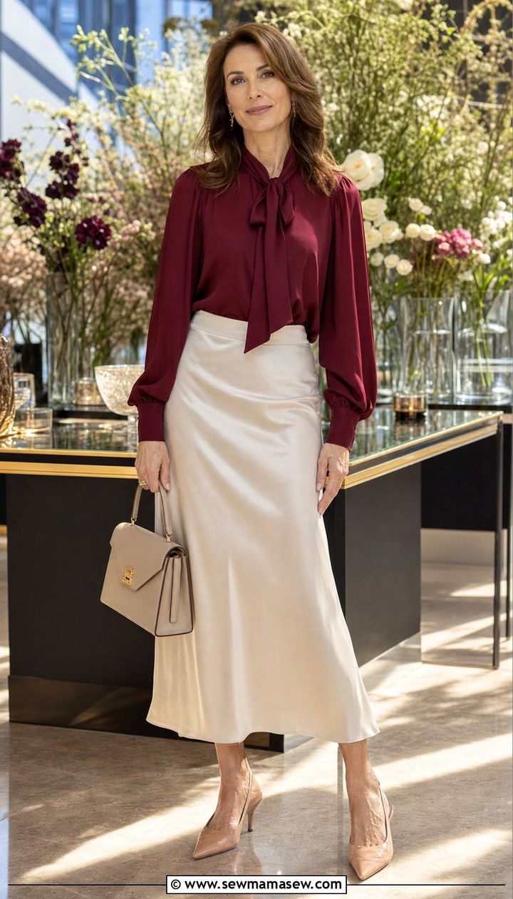 Slip Skirt With Blouse And Kitten Heel Slingbacks - 25 slip skirt outfits for women over 40