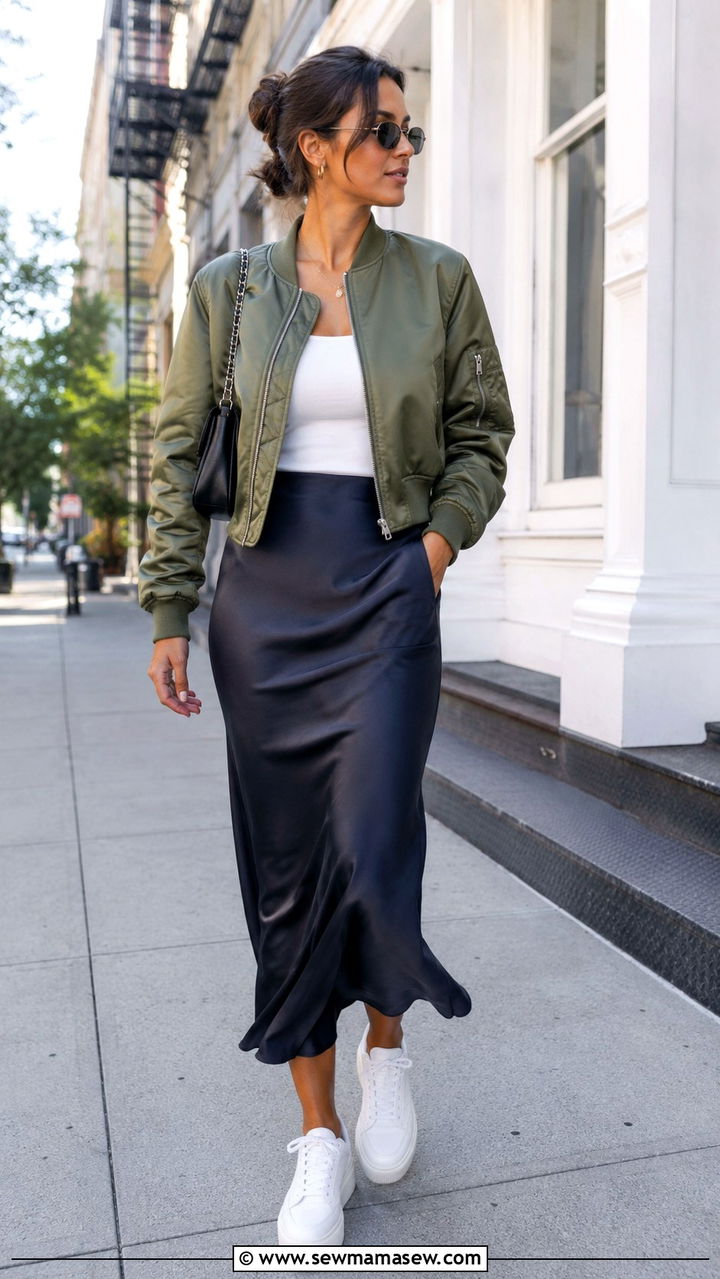 Slip Skirt With Bomber Jacket and Platform Sneakers - 30 casual slip skirt outfits