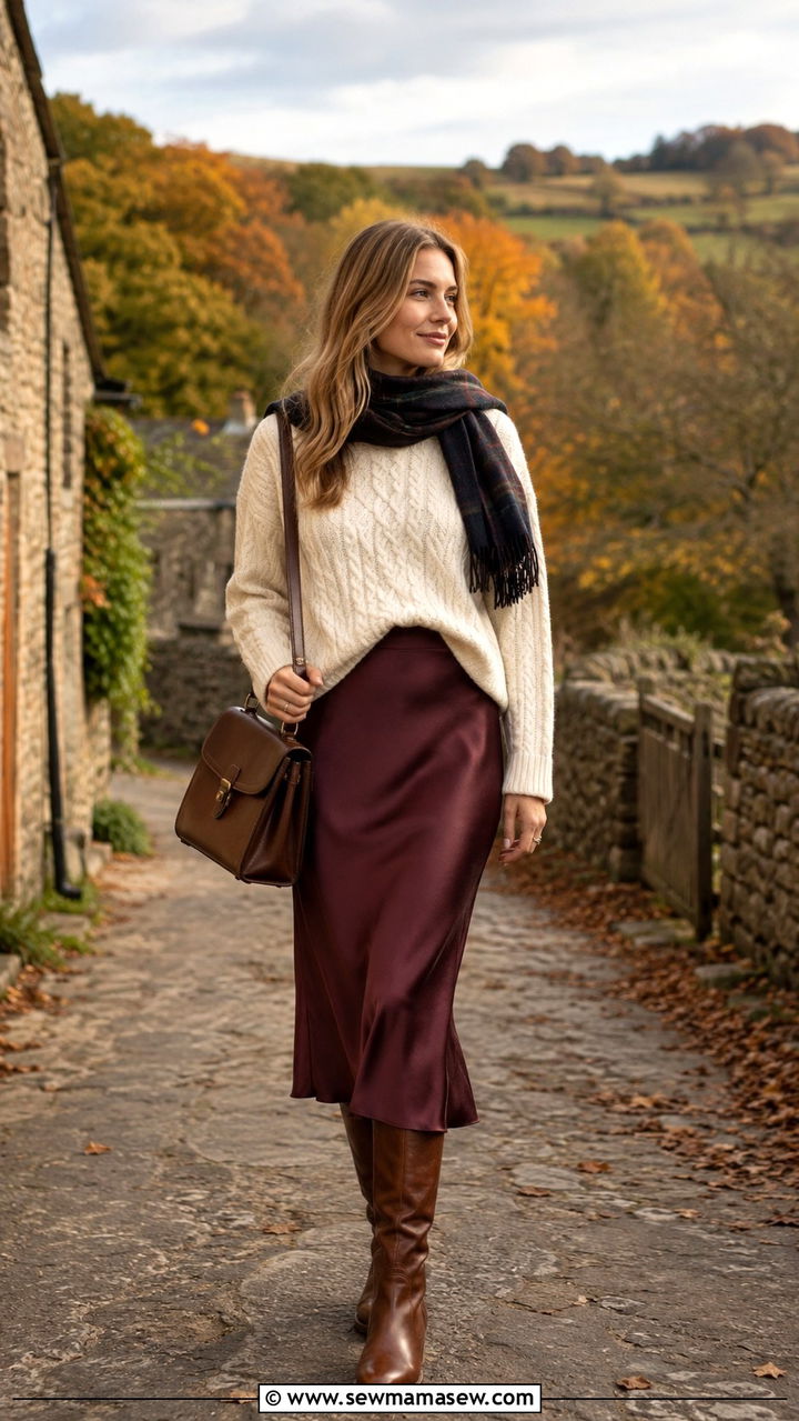 Slip Skirt With Cable Knit Sweater and Riding Boots - 30 casual slip skirt outfits