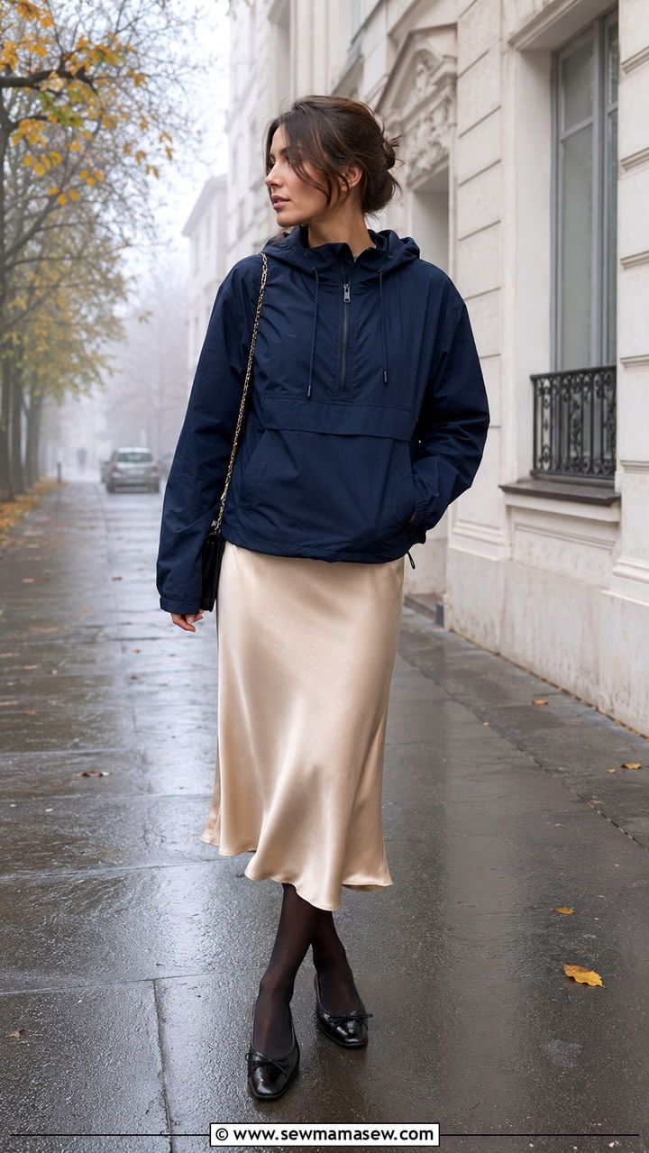 Slip Skirt With Cagoule and Ballet Flats - 25 rainy day outfits trends