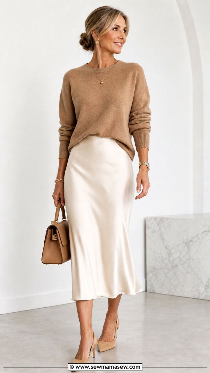 Slip Skirt With Cashmere Sweater And Slingbacks - 25 slip skirt outfits for women over 40