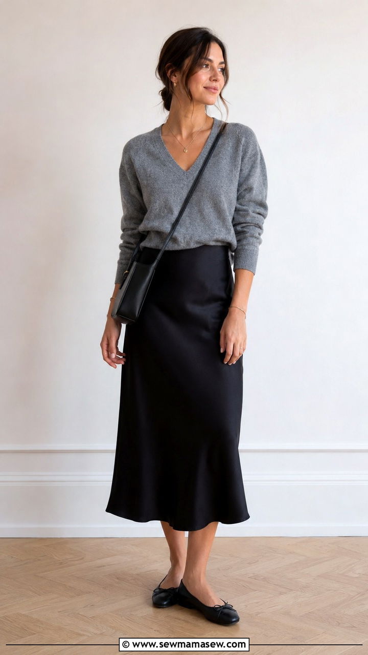 Slip Skirt With Cashmere Sweater and Ballet Flats - 30 how to style slip skirt