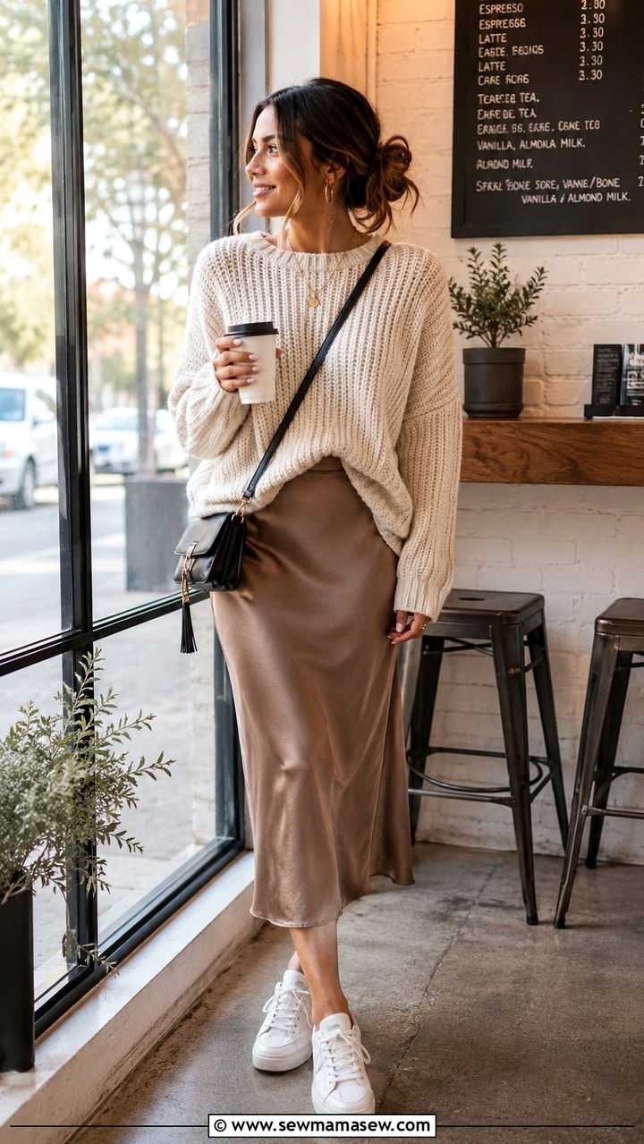 Slip Skirt With Chunky Knit Sweater - 30 spring skirt outfit ideas