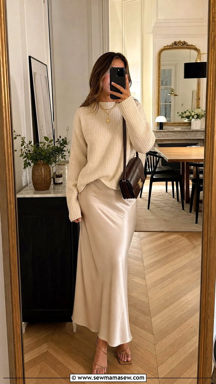Slip Skirt With Chunky Knit Sweater - 25 dinner outfits aesthetic