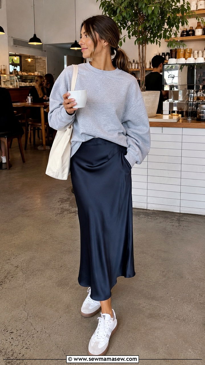 Slip Skirt With Crewneck Sweatshirt and Sneakers - 30 casual slip skirt outfits