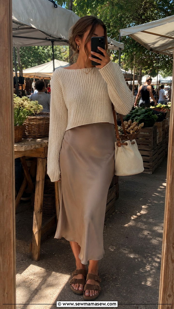 Slip Skirt With Cropped Sweater and Birkenstocks - 30 casual slip skirt outfits