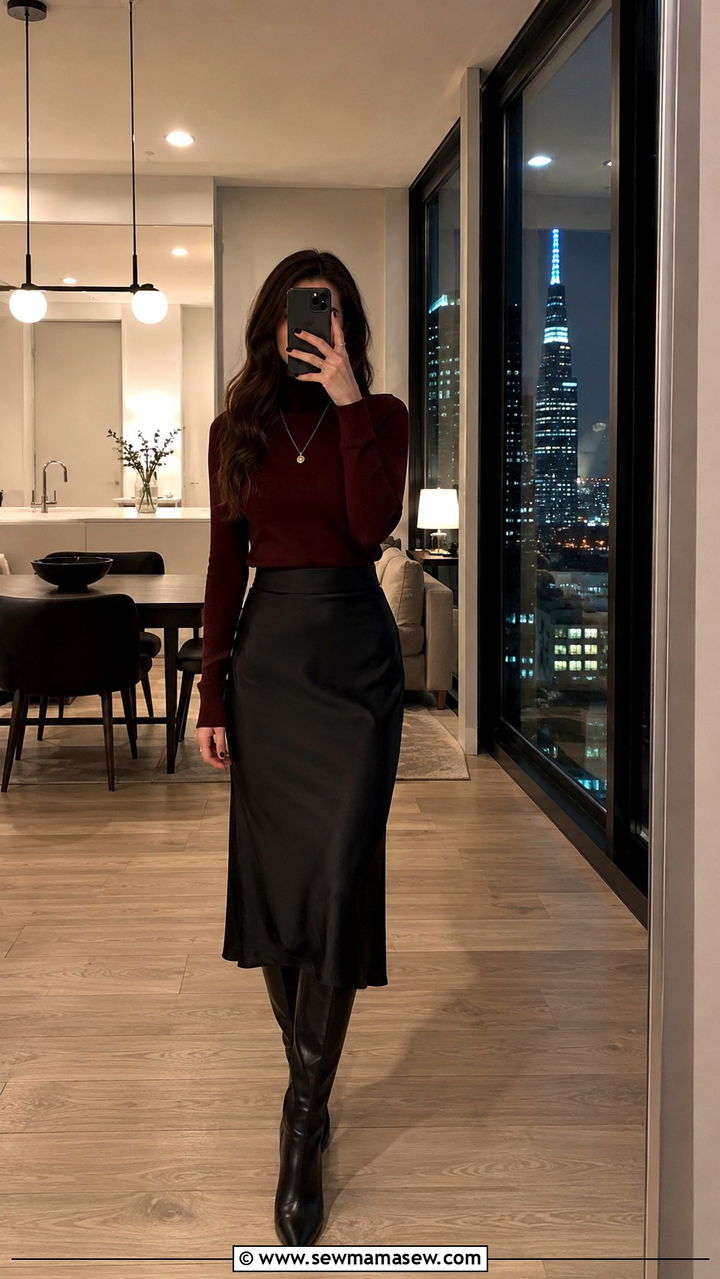 Slip Skirt With Fitted Turtleneck and Knee High Boots - 30 how to style slip skirt
