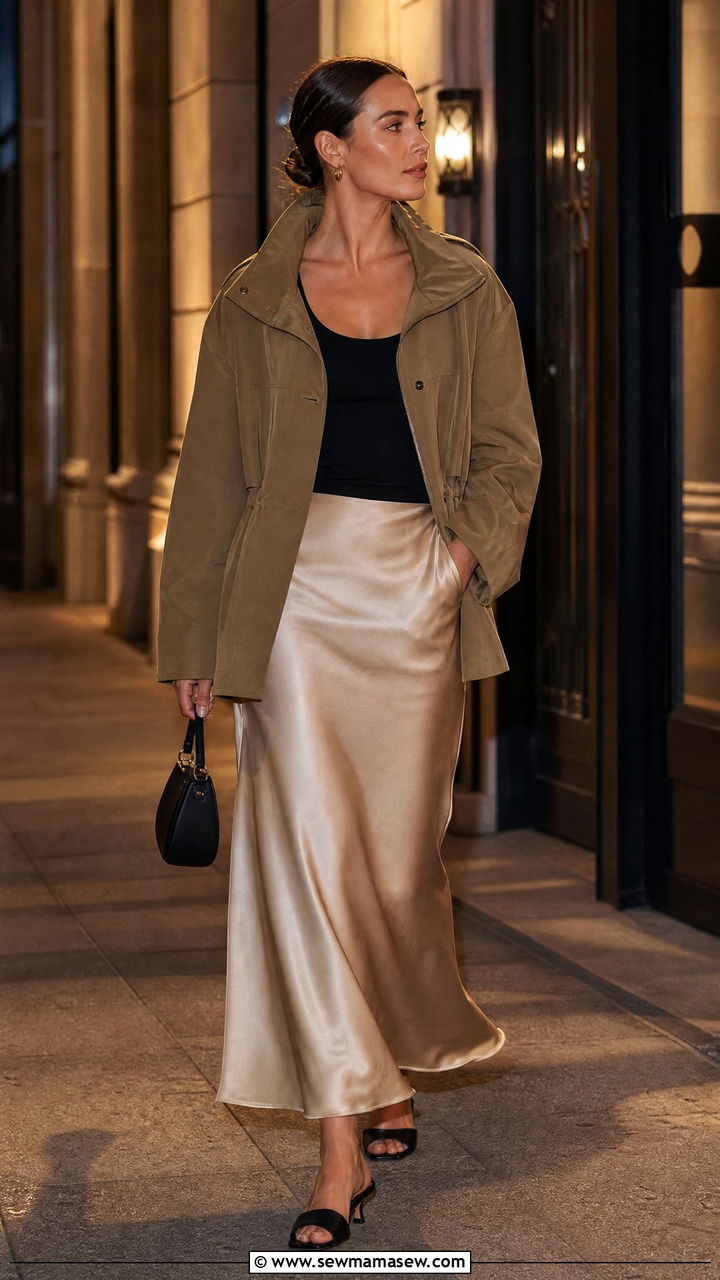 Slip Skirt With Funnel Neck Jacket - 25 chic slip skirt outfit ideas