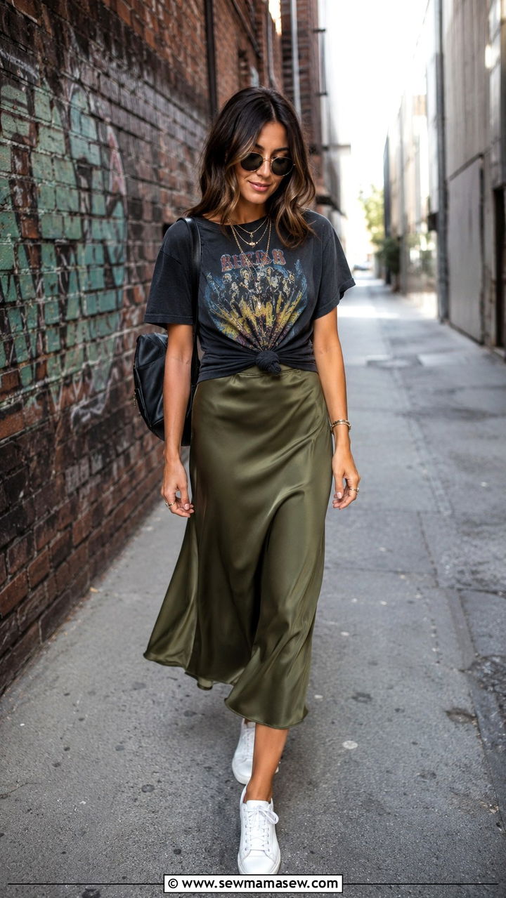 Slip Skirt With Graphic Tee and White Sneakers - 30 casual slip skirt outfits