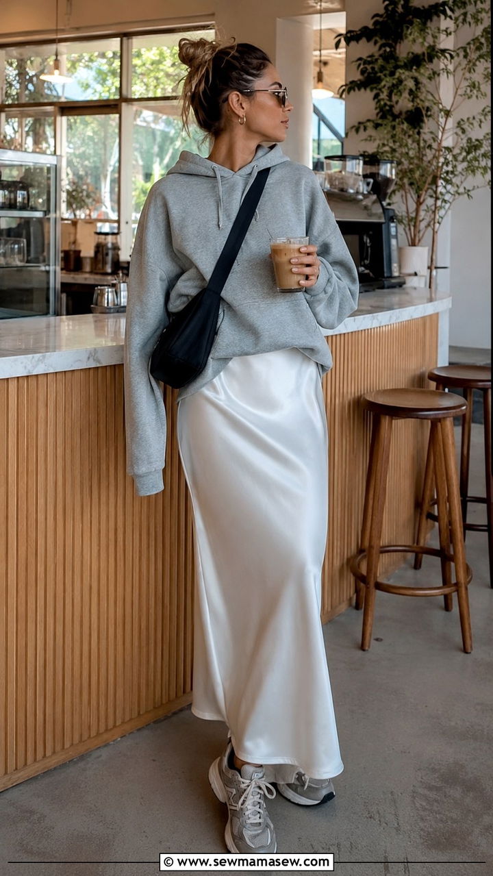 Slip Skirt With Hoodie and Dad Sneakers - 30 how to style slip skirt