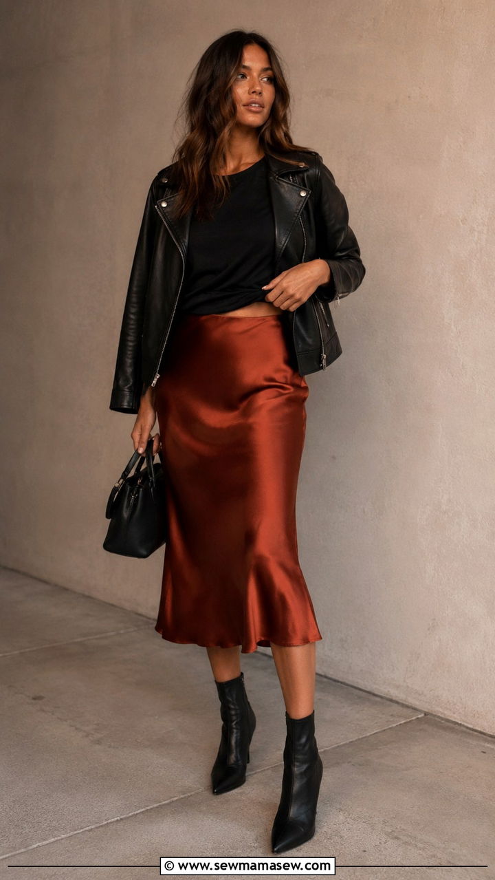 Slip Skirt With Leather Jacket and Ankle Boots - 30 how to style slip skirt