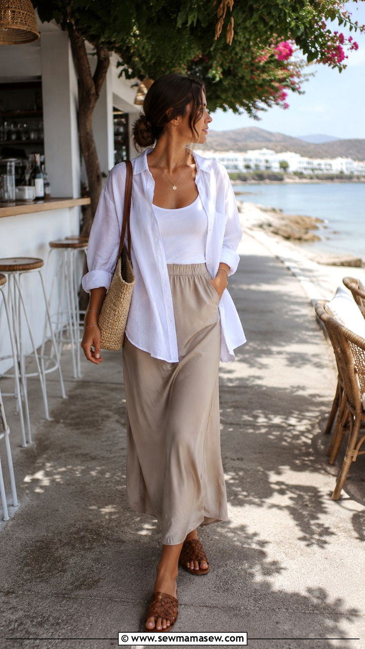 Slip Skirt With Linen Shirt and Woven Sandals - 30 how to style slip skirt