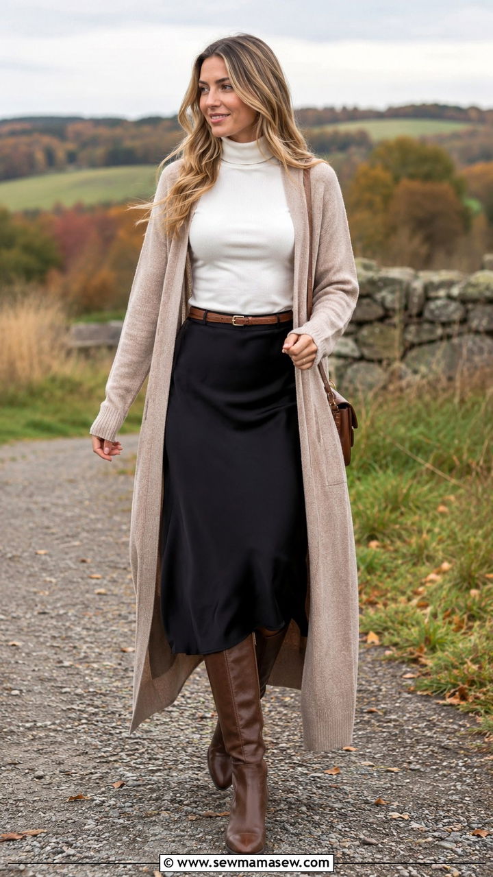 Slip Skirt With Long Cardigan and Riding Boots - 30 how to style slip skirt