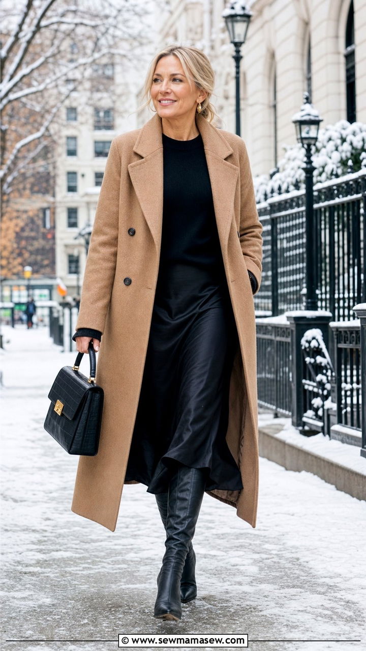 Slip Skirt With Longline Coat And Knee Boots - 25 slip skirt outfits for women over 40