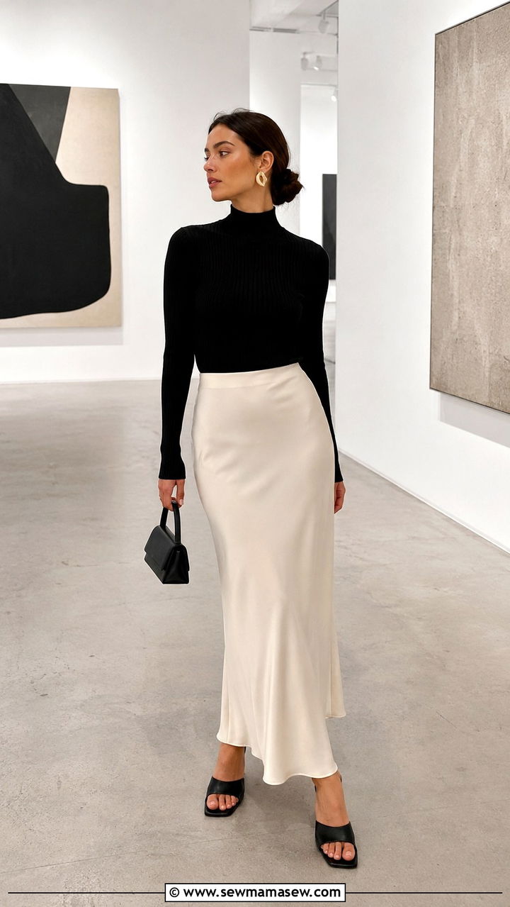 Slip Skirt With Mock Neck Top and Heeled Mules - 30 casual slip skirt outfits