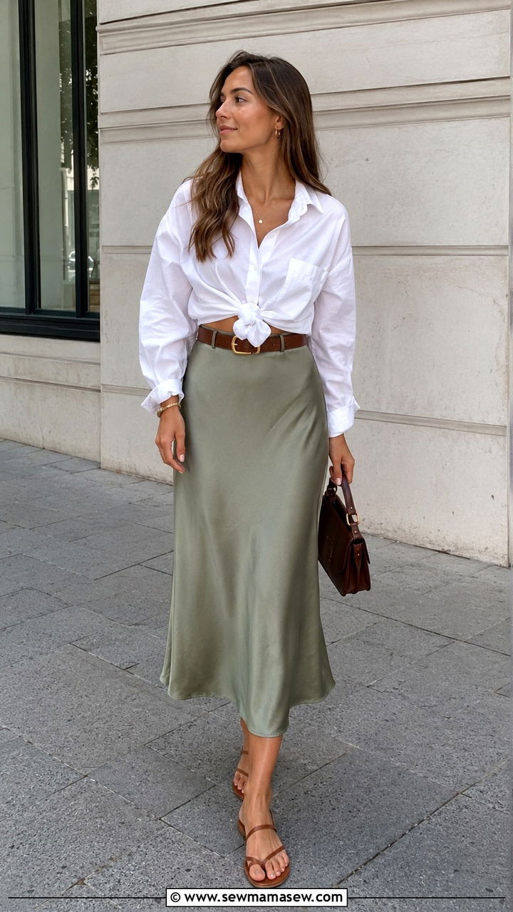 Slip Skirt With Oversized Button Down Shirt And Sandals - 20 summer outfits 2026 women for women