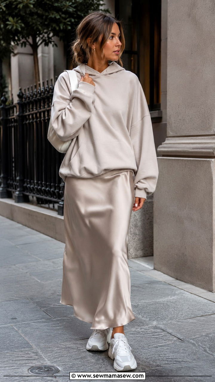 Slip Skirt With Oversized Hoodie and Sneakers - 30 casual satin skirt outfits