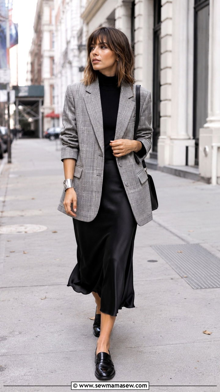 Slip Skirt With Plaid Blazer and Loafers - 30 how to style slip skirt