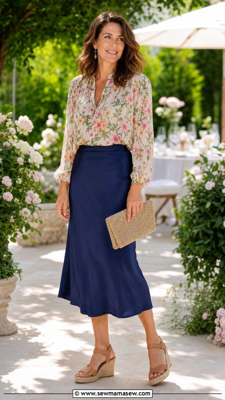Slip Skirt With Printed Blouse And Wedge Sandals - 25 slip skirt outfits for women over 40