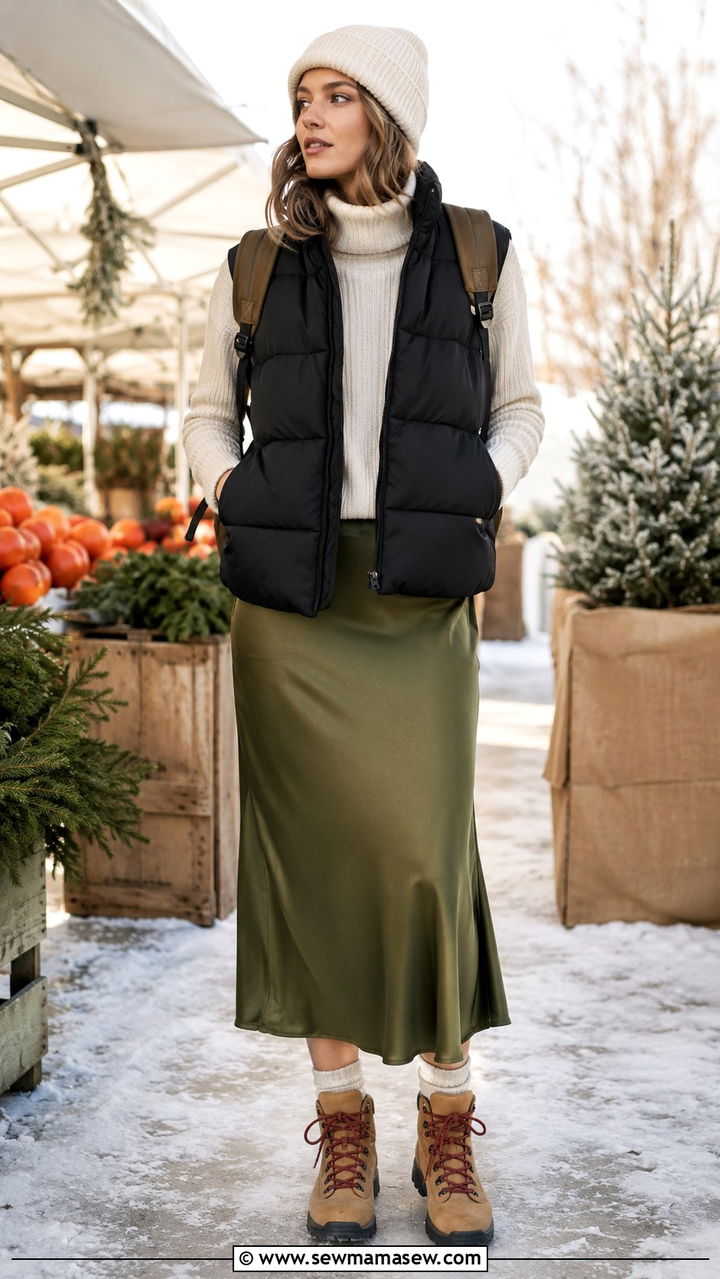 Slip Skirt With Puffer Vest and Hiking Boots - 30 casual slip skirt outfits