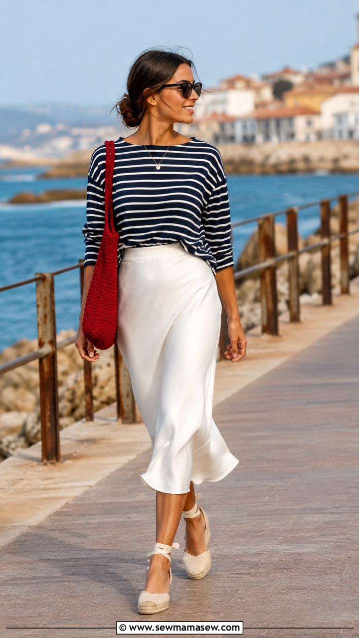 Slip Skirt With Striped Shirt and Espadrilles - 30 how to style slip skirt