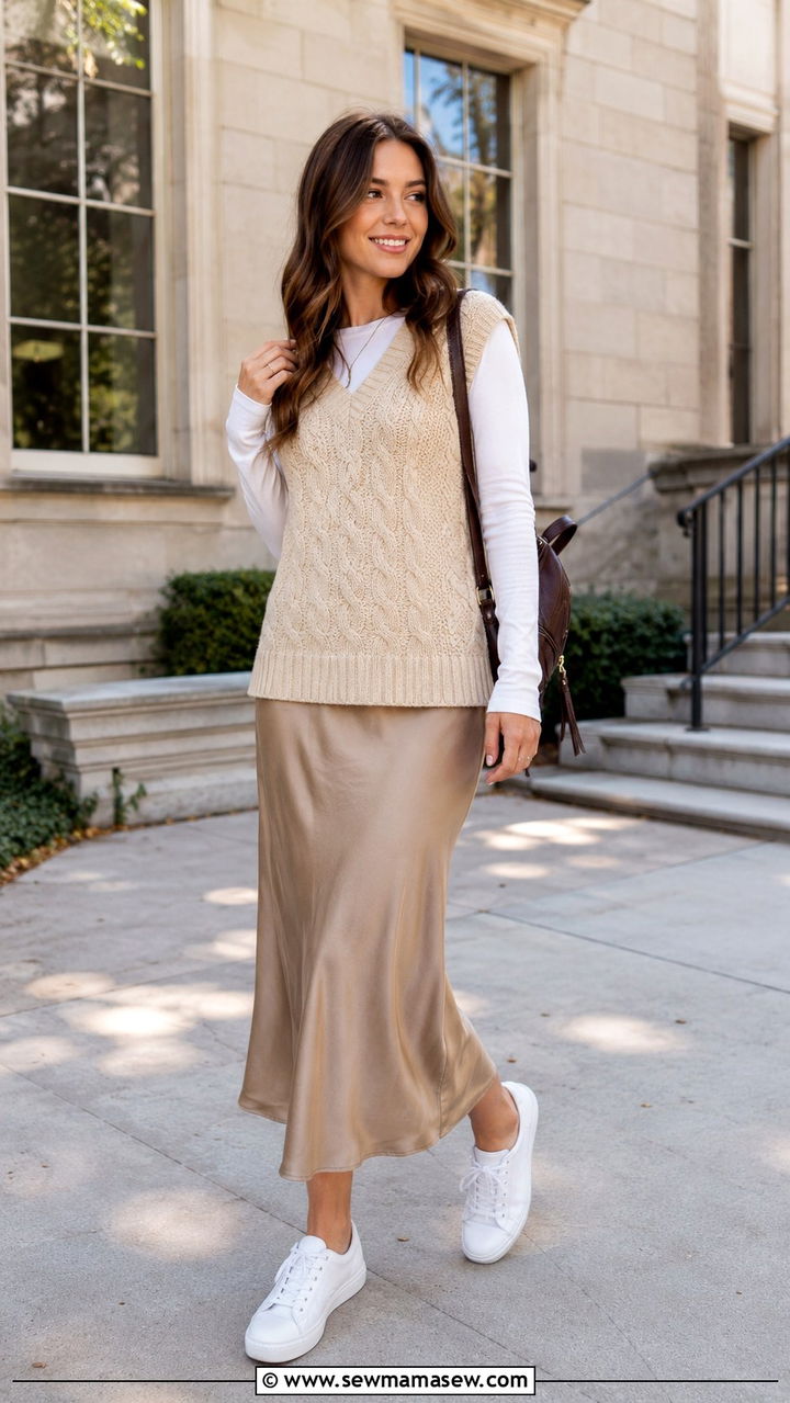 Slip Skirt With Sweater Vest and White Sneakers - 30 how to style slip skirt