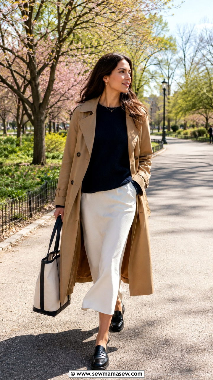 Slip Skirt With Trench Coat and Loafers - 30 how to style slip skirt