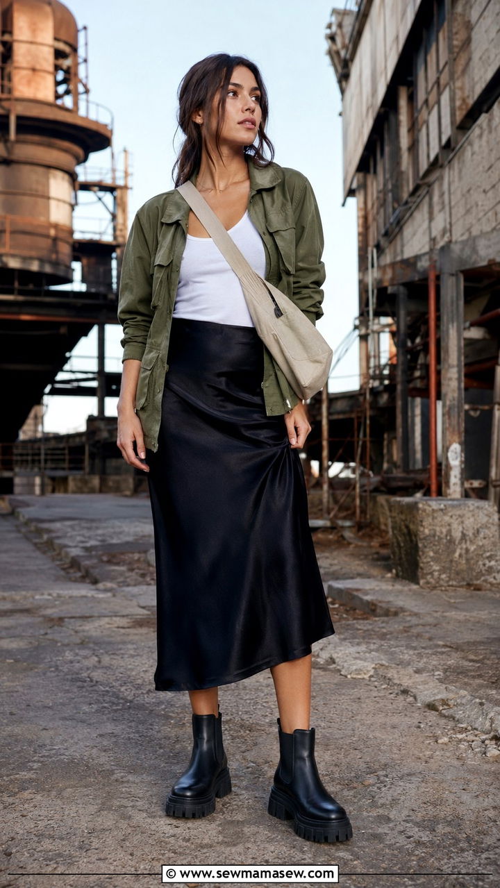 Slip Skirt With Utility Jacket and Lug Sole Boots - 30 casual slip skirt outfits