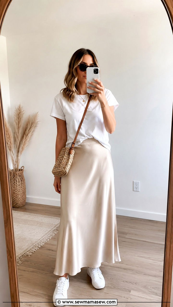 Slip Skirt With White T Shirt and Sneakers - 30 how to style slip skirt