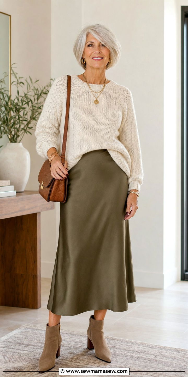 Slip Skirt With a Chunky Knit Sweater - 25 Elevated casual outfit ideas for women over 60