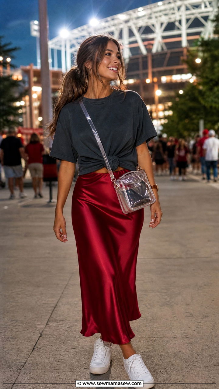 Slip Skirt and Oversized Graphic Tee - 35 Gameday outfit ideas summer