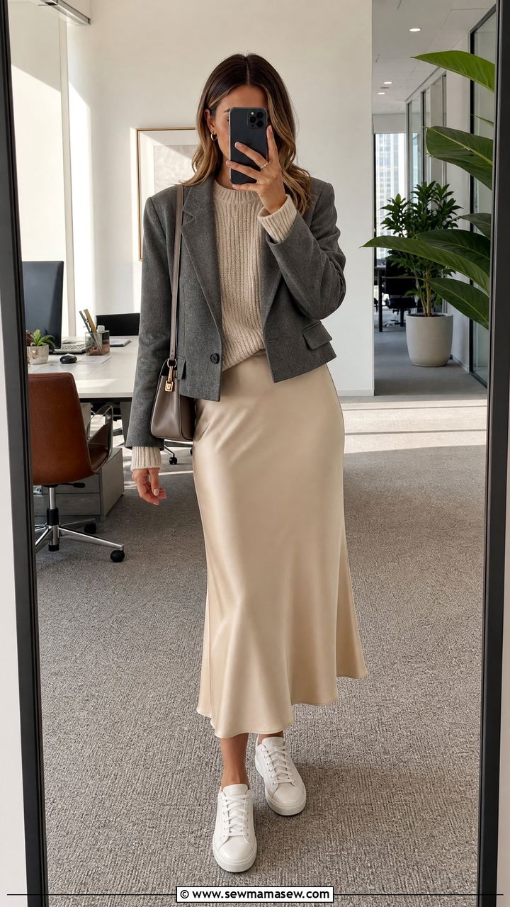 Slip Skirt and Sweater with White Sneakers Office - 25 How to style white sneakers for work