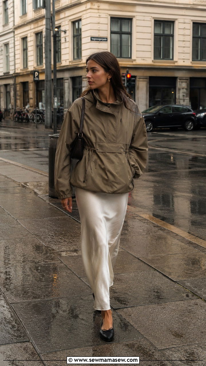 Slip Skirt with Cagoule and Ballet Flats - 30 classy rainy day outfits