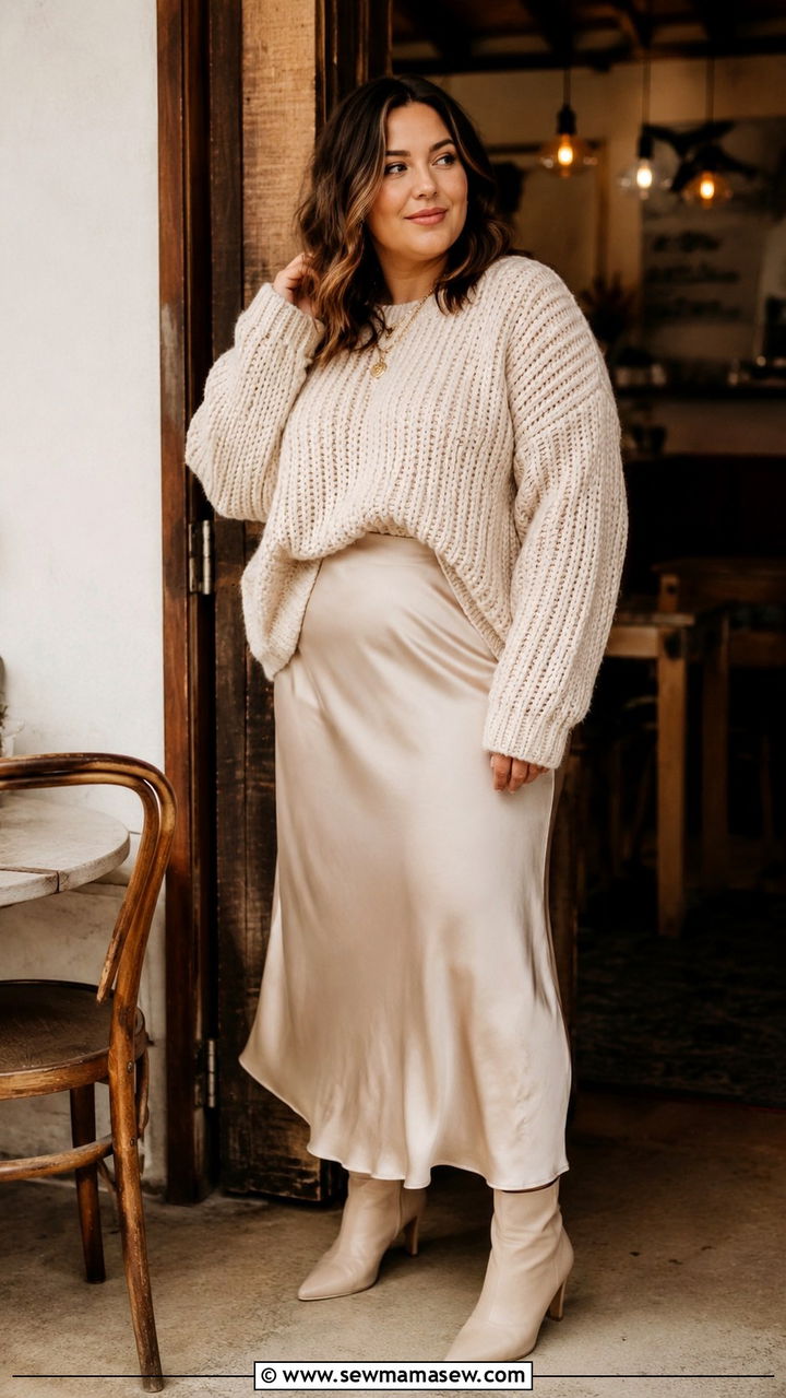 Slip Skirt with Chunky Knit Sweater - 25 Plus size outfit ideas for 16-18