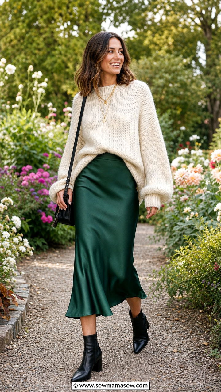Slip Skirt with Chunky Knit Sweater and Ankle Boots - 25 spring model off duty outfits