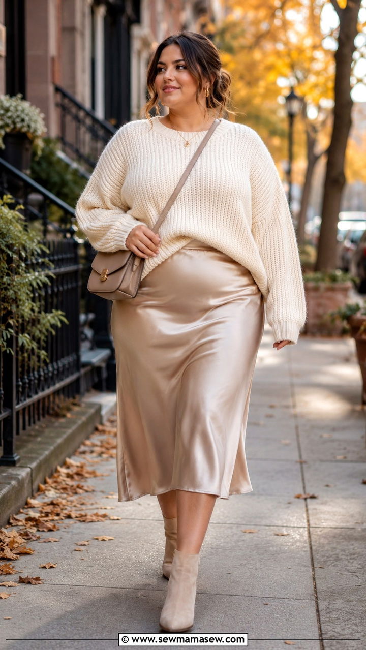 Slip Skirt with Chunky Sweater - 30 Plus size outfit ideas for travel