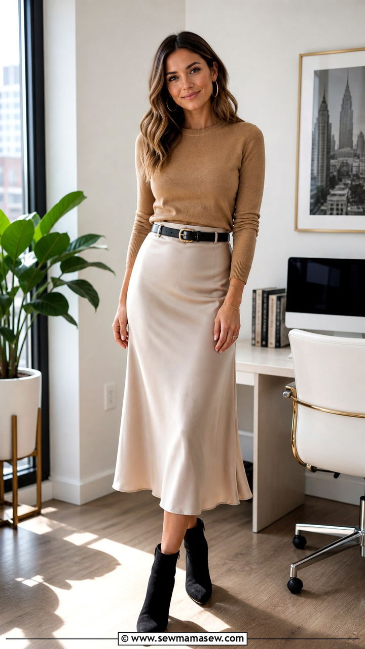 Slip Skirt with Fine Knit Sweater and Ankle Boots - 40 classy business casual outfits