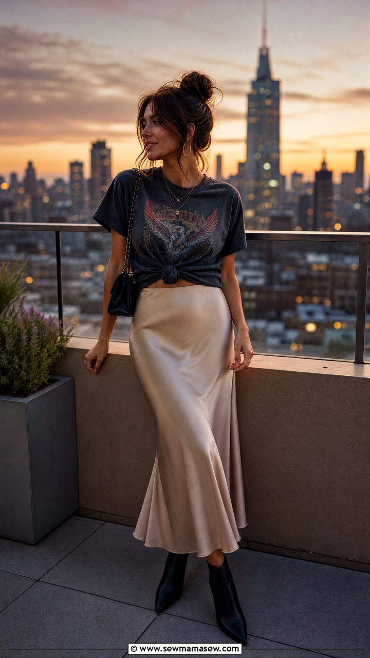 Slip Skirt with Graphic Tee and Black Ankle Boots - 30 Summer outfits with ankle boots