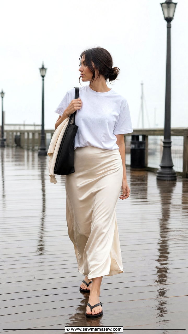 Slip Skirt with T Shirt and Flip Flops - 30 summer rainy day outfit ideas